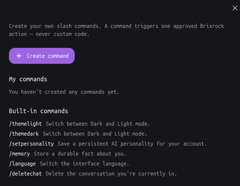 Brixrock commands management screen
