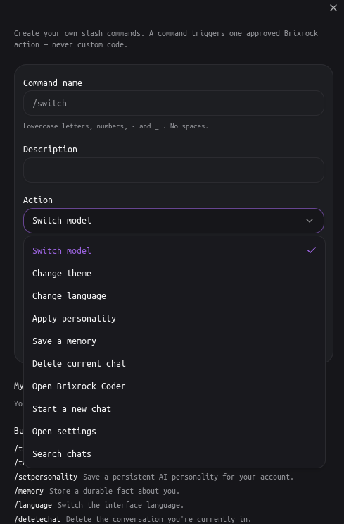 Brixrock command action options list